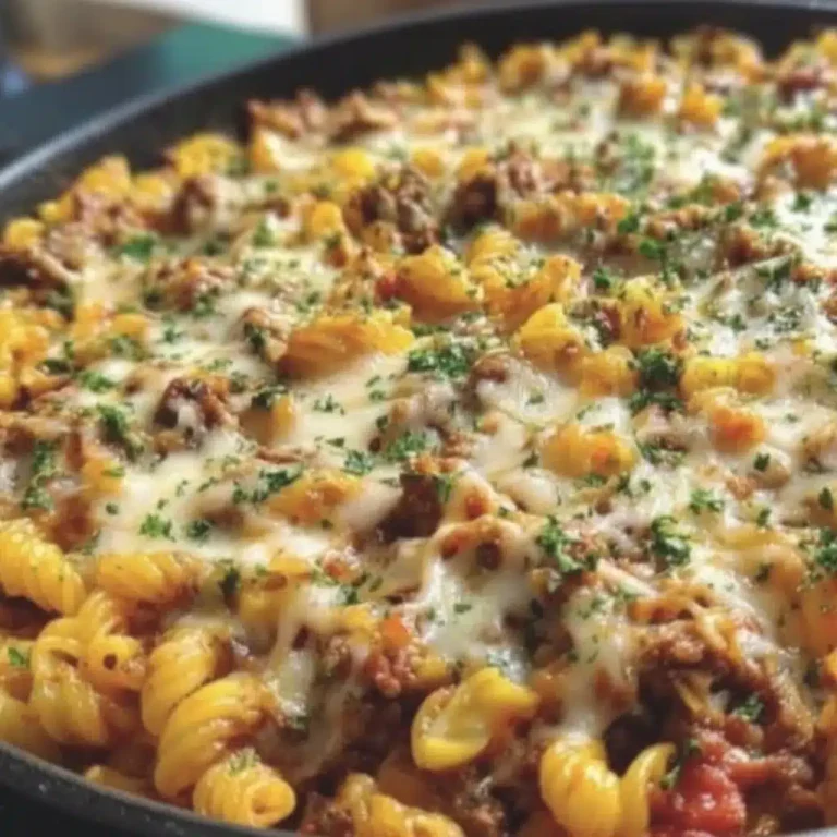 Delicious 4-Ingredient Ground Beef Casserole ready to serve in a baking dish
