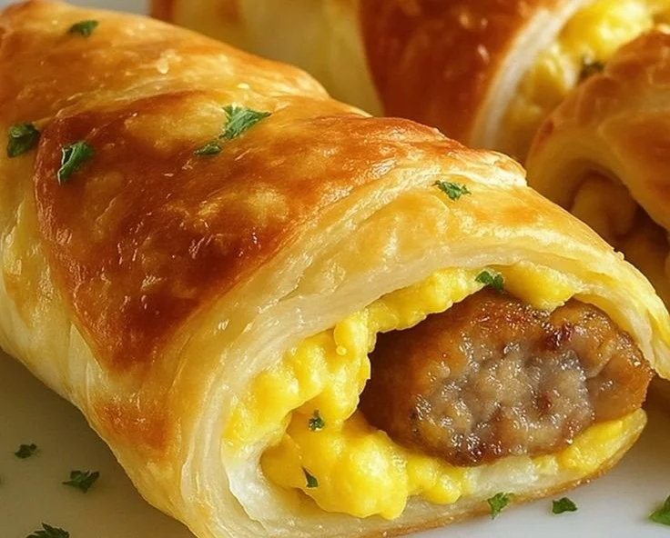 Sausage egg breakfast roll-ups served on a plate for a quick morning meal.