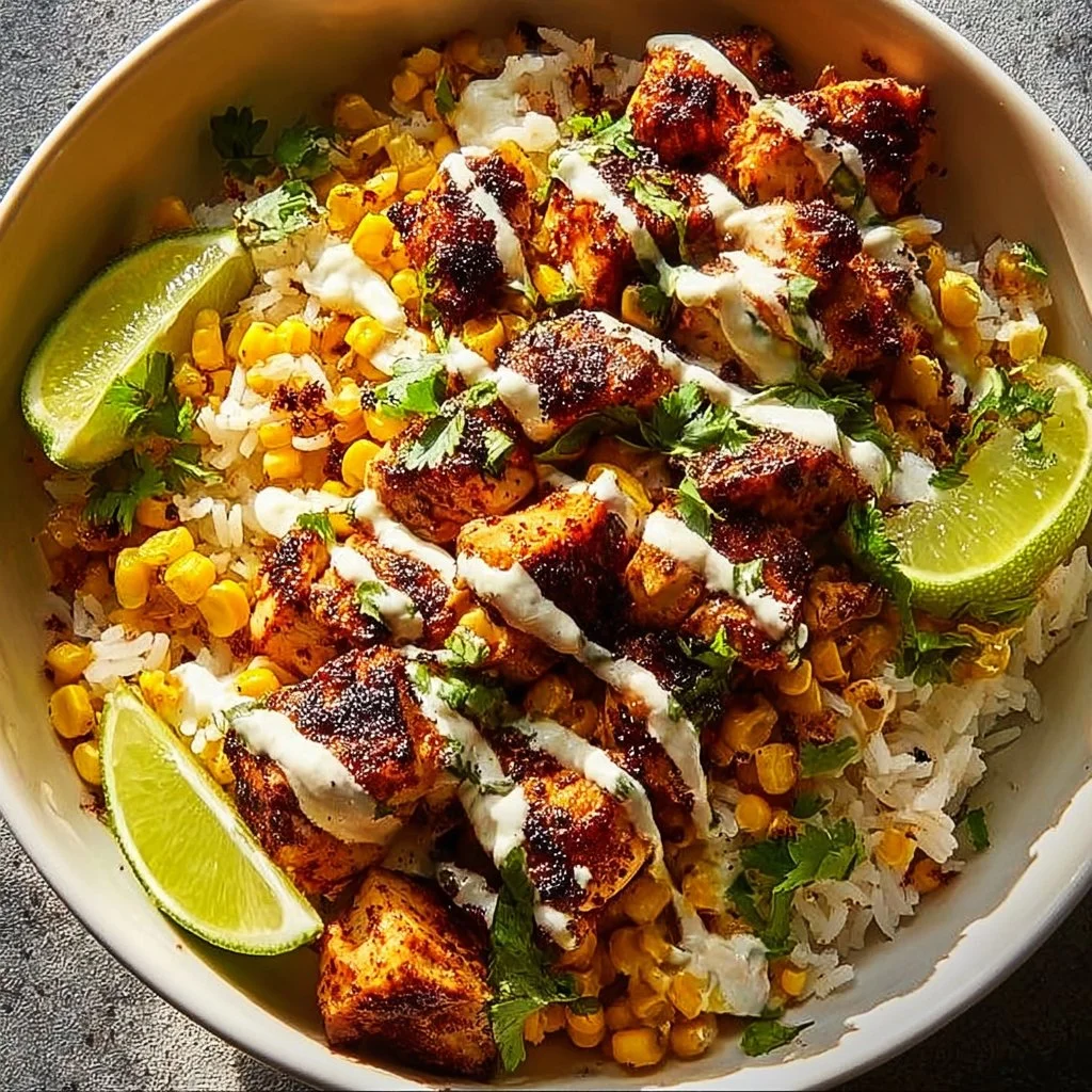 Delicious street corn chicken bowl topped with fresh corn, avocado, and lime.