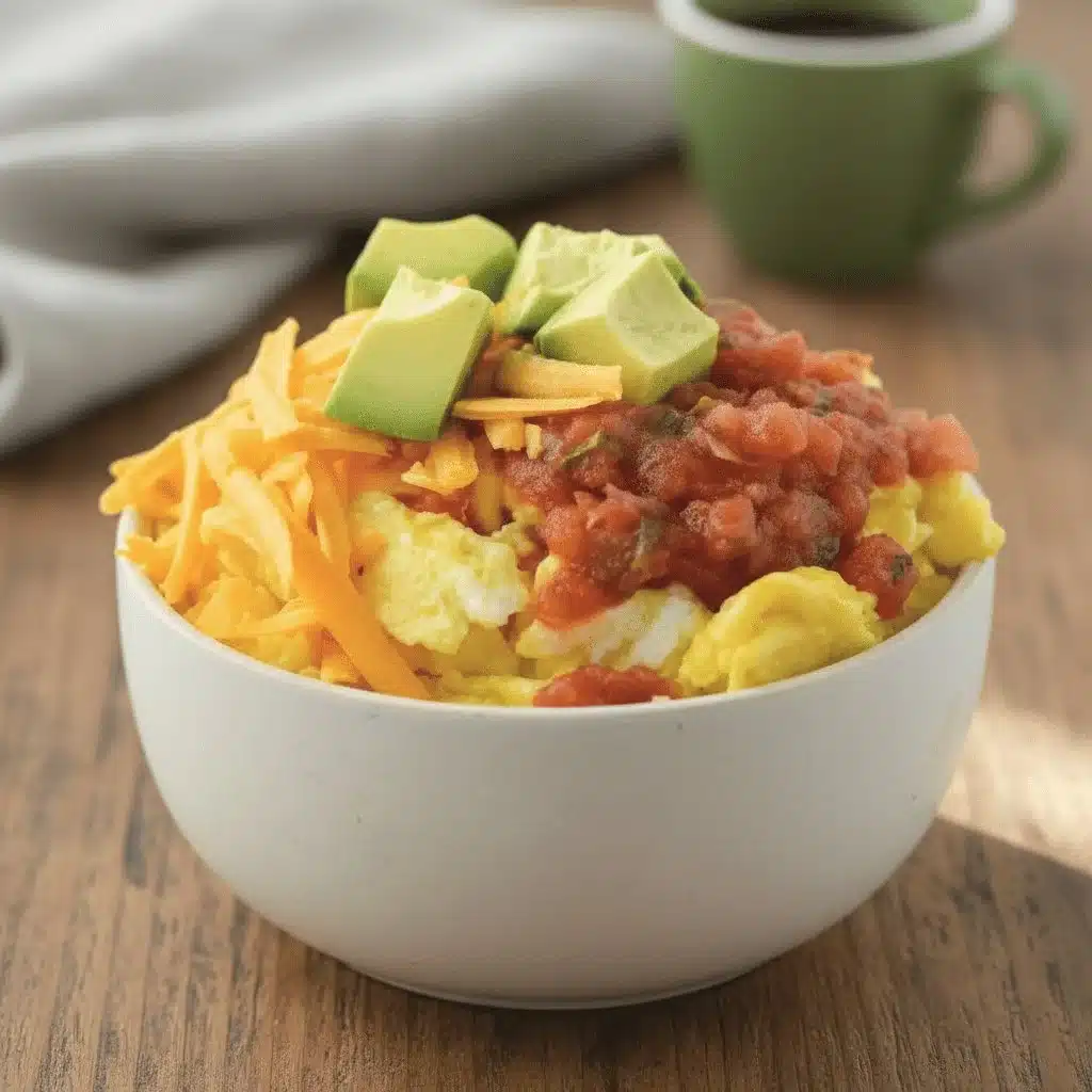 Delicious breakfast burrito bowl filled with eggs, cheese, and fresh vegetables.