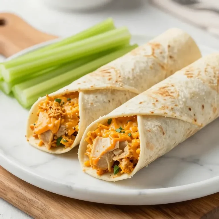 Buffalo chicken pinwheels served on a white plate with fresh parsley garnish.