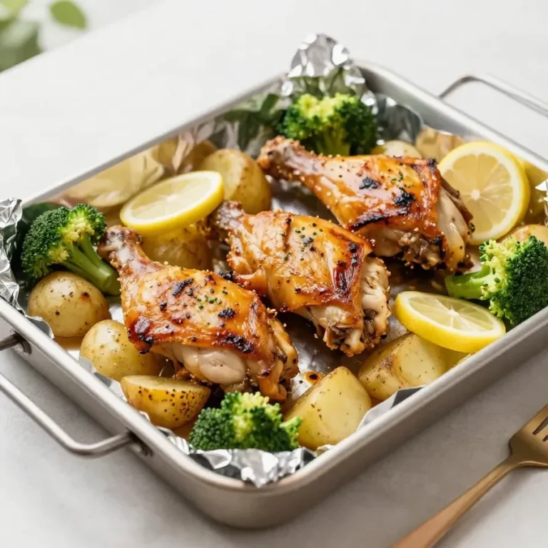 Sheet pan meal with lemon garlic chicken, roasted potatoes, and broccoli.