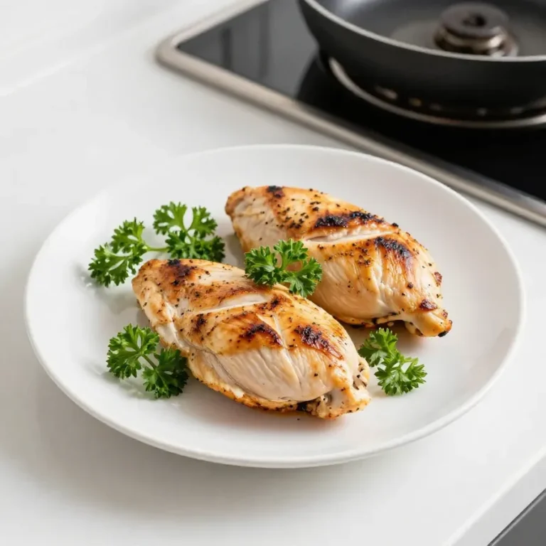 Golden-brown chicken breasts cooking on a stovetop skillet.