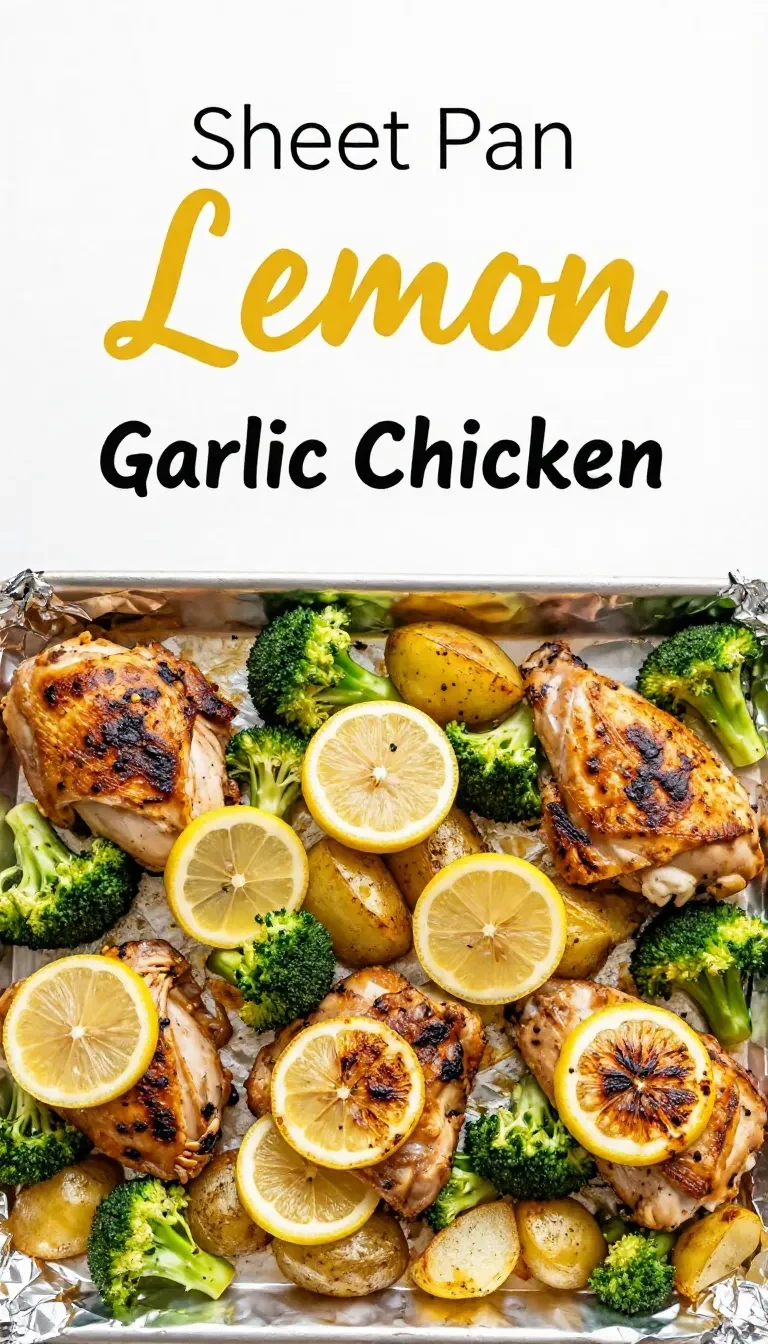 Sheet pan meal with lemon garlic chicken, roasted potatoes, and broccoli.