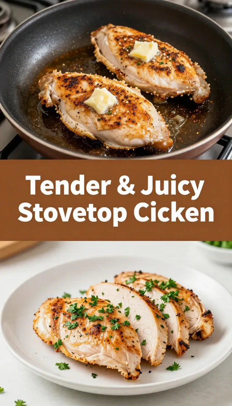 Golden-brown chicken breasts cooking on a stovetop skillet.