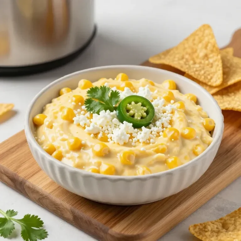 A bowl of creamy crack corn dip garnished with chopped green onions and served with tortilla chips.