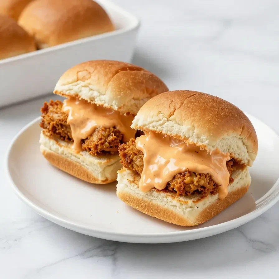 Close-up of easy buffalo chicken sliders topped with melted cheese and served on a tray.