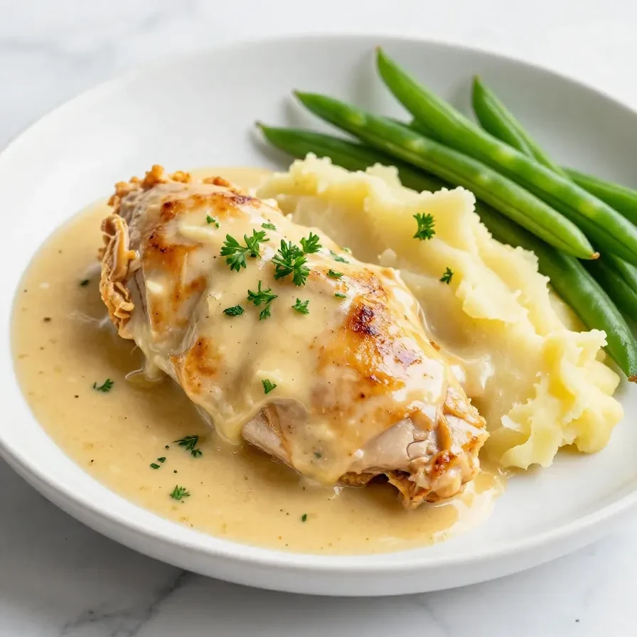 A plate of creamy garlic chicken served with rich gravy and fluffy mashed potatoes.