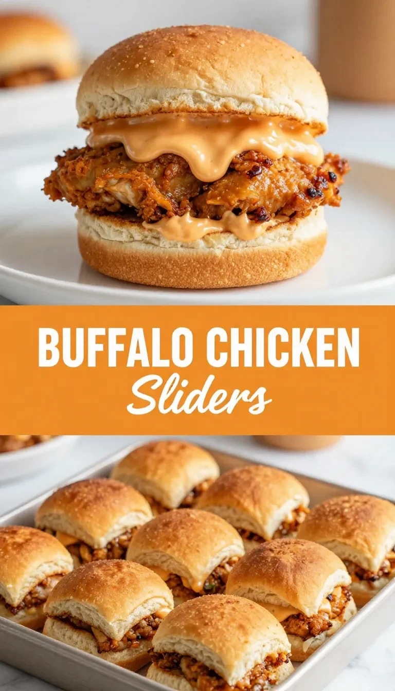 Close-up of easy buffalo chicken sliders topped with melted cheese and served on a tray.