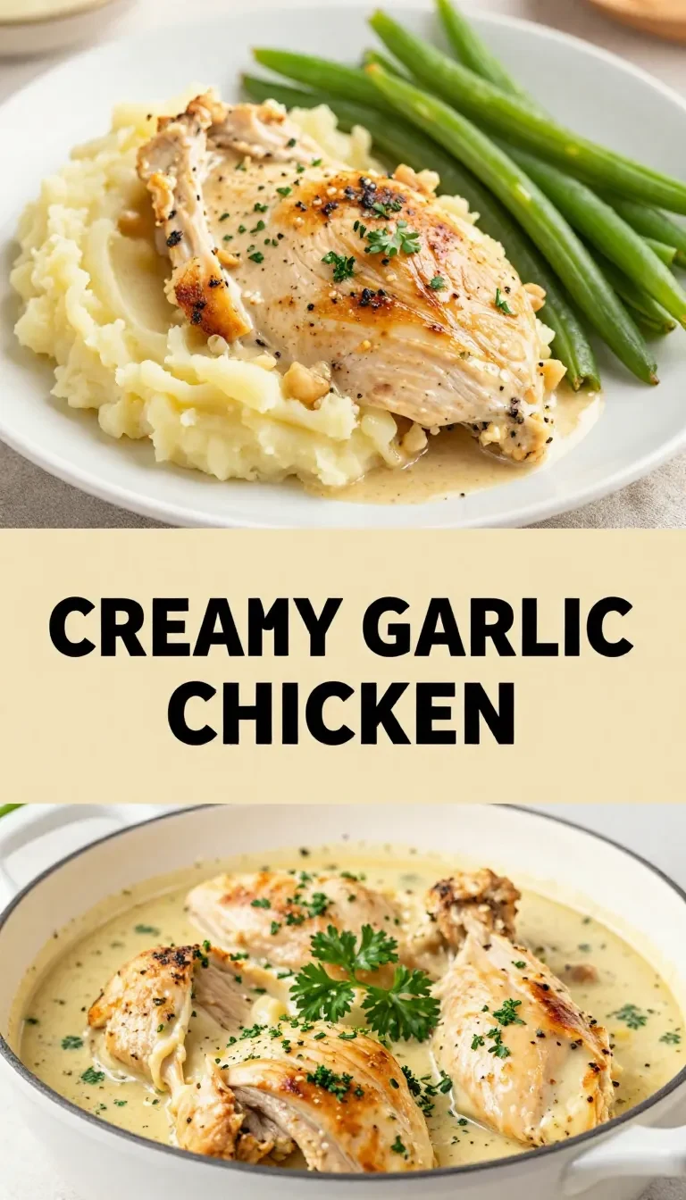 A plate of creamy garlic chicken served with rich gravy and fluffy mashed potatoes.
