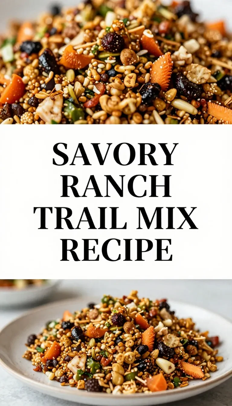 Close-up of a bowl filled with ranch trail mix snack mix, featuring pretzels, nuts, and crackers.