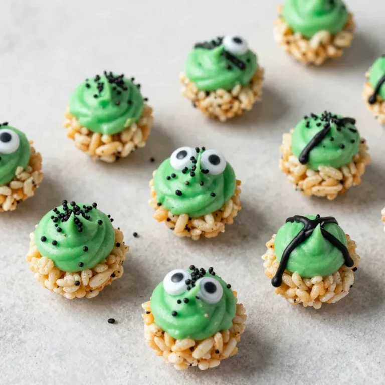 Green Frankenstein-themed Rice Krispie treats with candy eyes and chocolate detailing on a white plate.