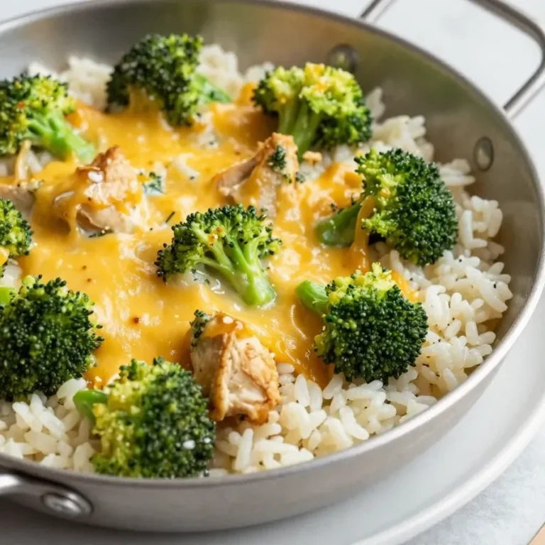 A one-pan meal featuring cheesy chicken, broccoli, and rice served in a skillet.