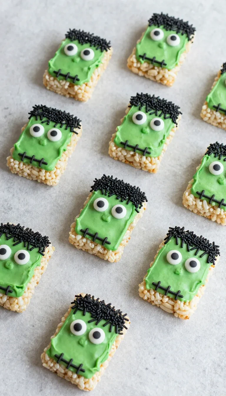 Green Frankenstein-themed Rice Krispie treats with candy eyes and chocolate detailing on a white plate.