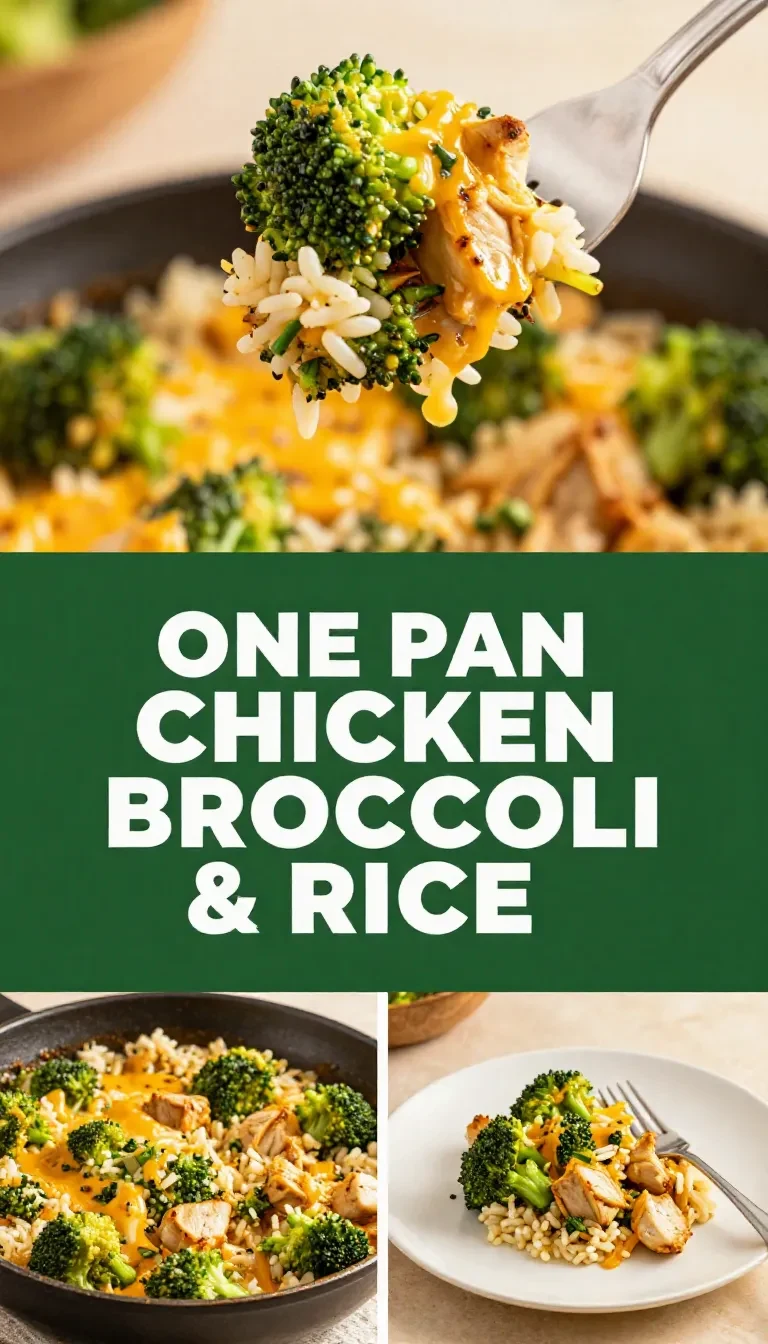 A one-pan meal featuring cheesy chicken, broccoli, and rice served in a skillet.