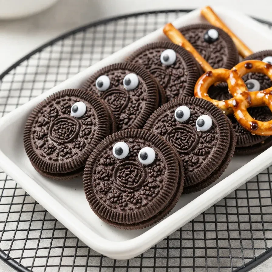 Close-up of spooky Oreo cookies decorated with googly candy eyes on a festive Halloween table.