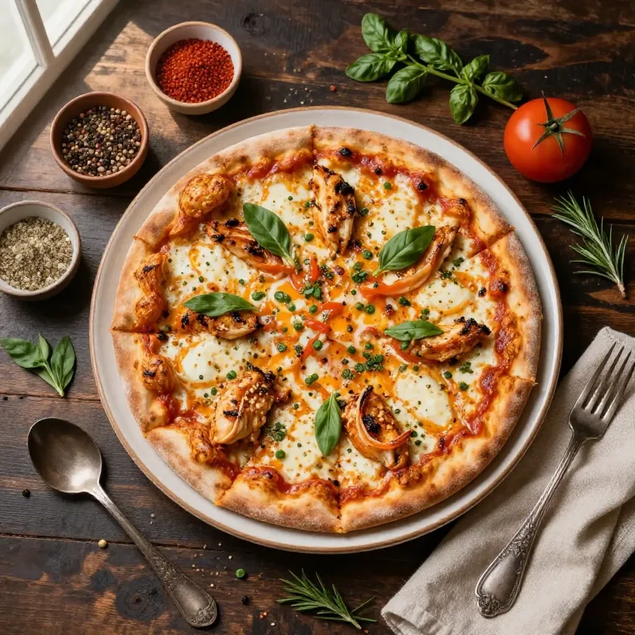 Homemade buffalo chicken pizza topped with melted cheese and green onions on a wooden table.