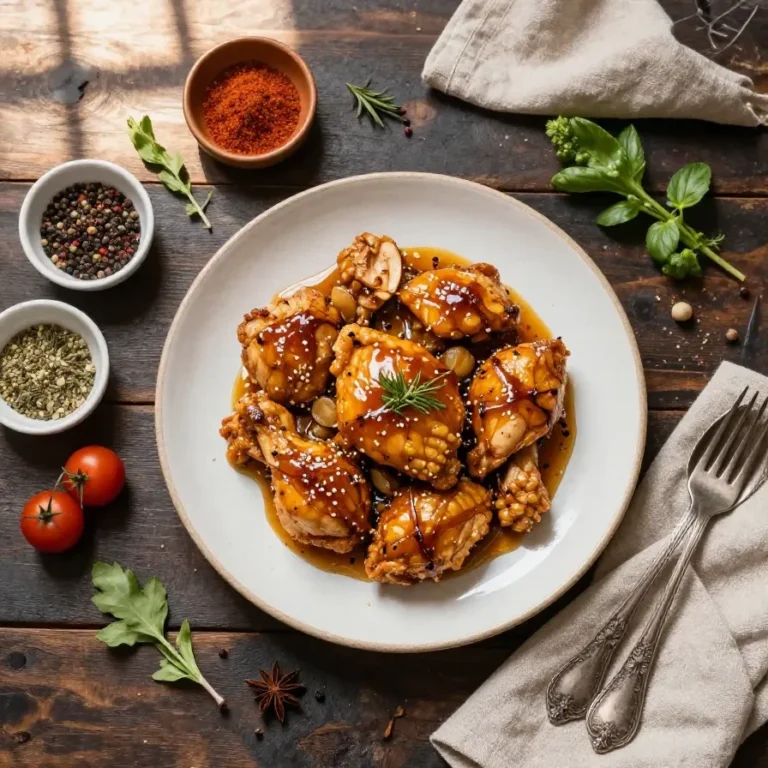 A plate of golden-brown honey garlic chicken garnished with fresh parsley, served with steamed rice.