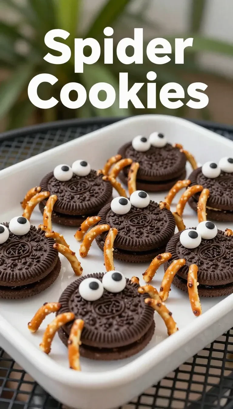 Close-up of spooky Oreo cookies decorated with googly candy eyes on a festive Halloween table.