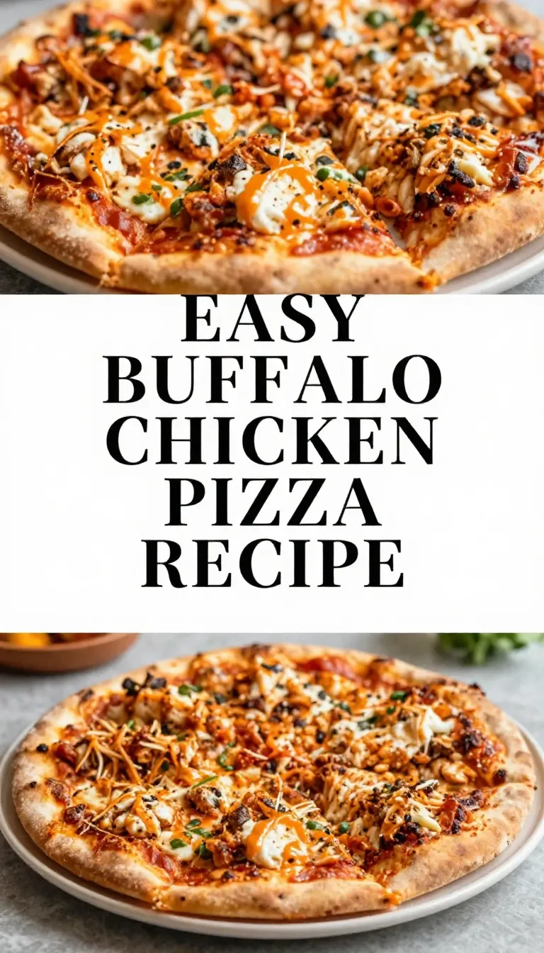 Homemade buffalo chicken pizza topped with melted cheese and green onions on a wooden table.