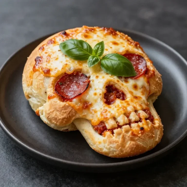A close-up of spooky pizza skulls, a savory Halloween-themed recipe, featuring skull-shaped dough filled with cheese and pizza toppings.