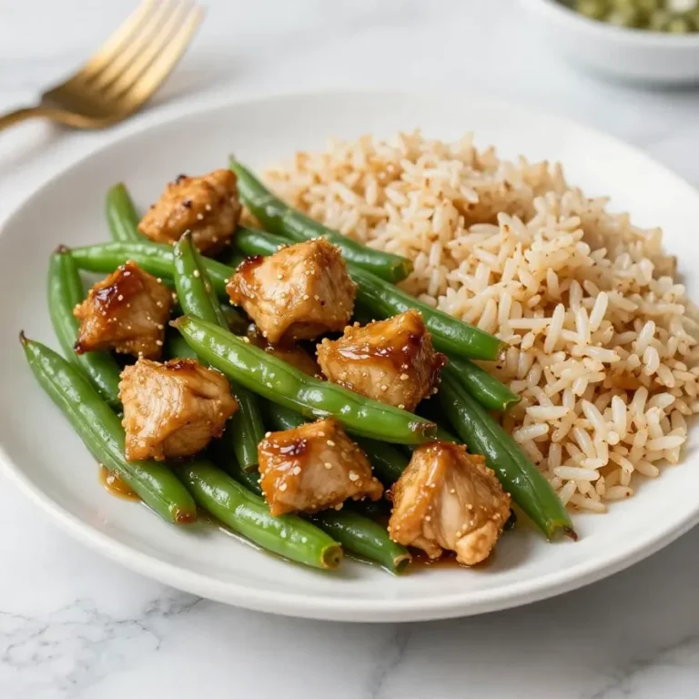 A plate of honey garlic chicken served with fresh green beans on the side.