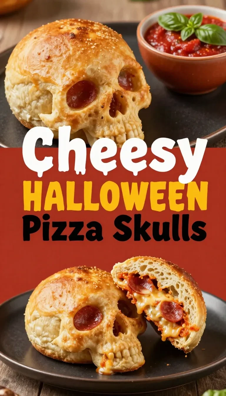 A close-up of spooky pizza skulls, a savory Halloween-themed recipe, featuring skull-shaped dough filled with cheese and pizza toppings.