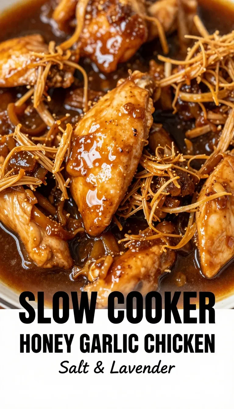 A close-up of slow cooker honey garlic chicken served with steamed vegetables.