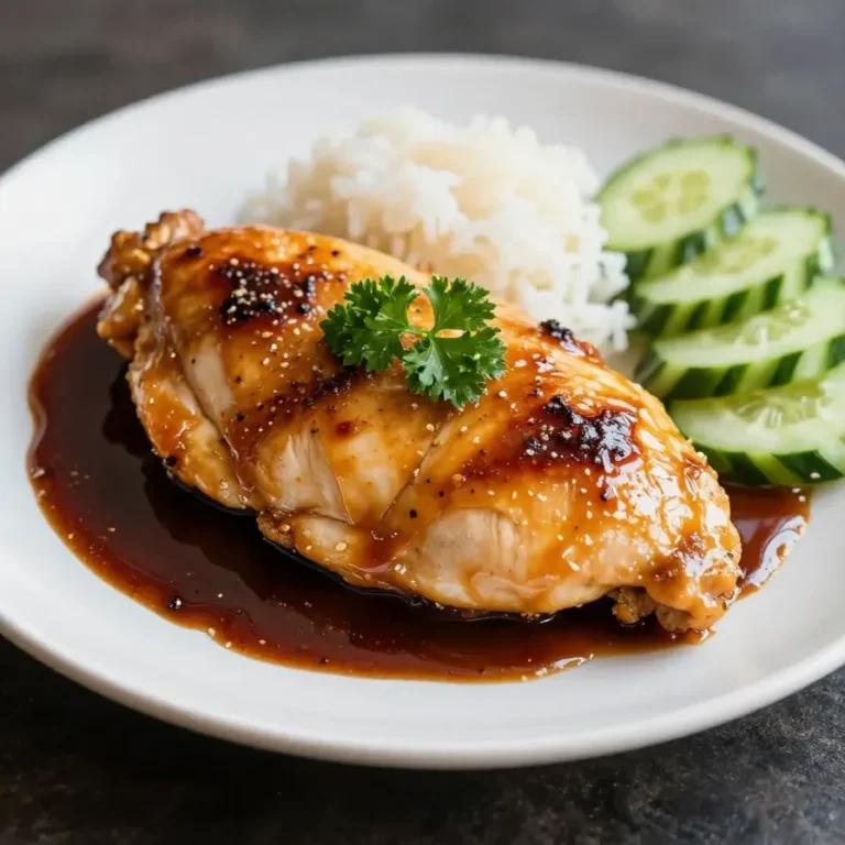 A plate of honey garlic chicken breast garnished with fresh parsley and served with steamed vegetables.