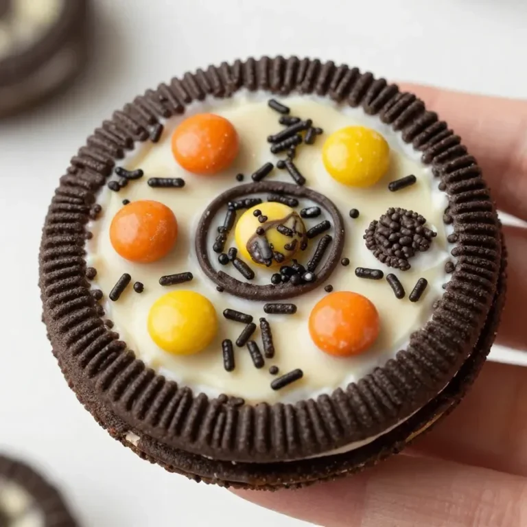 Close-up of white chocolate Halloween Oreo bark with festive sprinkles on a wooden table.
