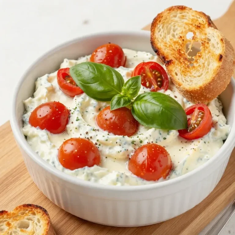 A bowl of easy Caprese dip with fresh tomatoes, mozzarella, and basil leaves.