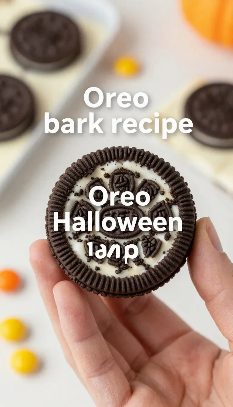 Close-up of white chocolate Halloween Oreo bark with festive sprinkles on a wooden table.