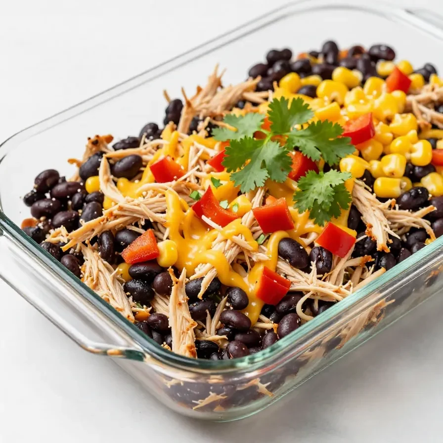 A freshly baked chicken burrito casserole served in a white dish, topped with melted cheese and garnished with cilantro.