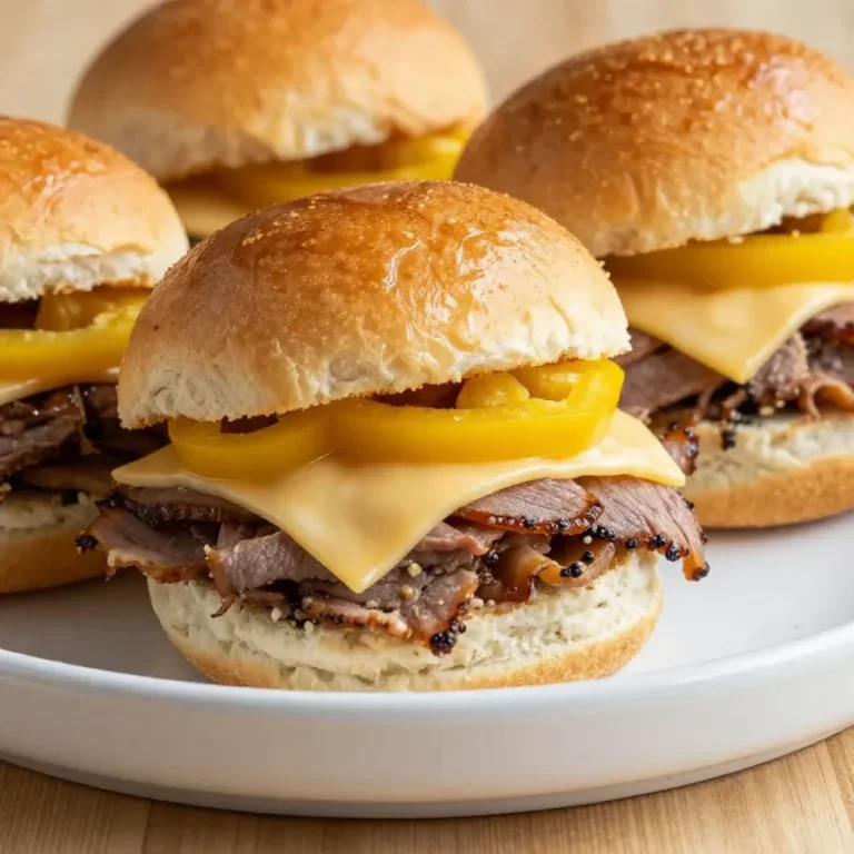 Freshly baked hot Italian sub sliders filled with meats, cheeses, and vegetables on a wooden serving tray.