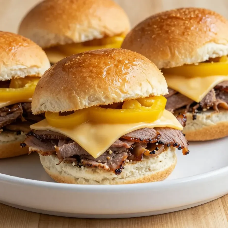 Freshly baked hot Italian sub sliders filled with meats, cheeses, and vegetables on a wooden serving tray.