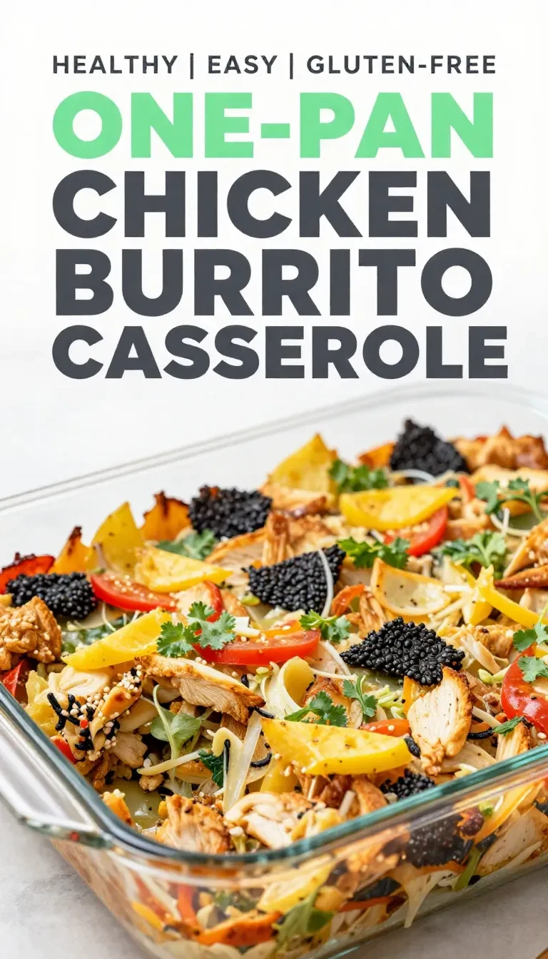A freshly baked chicken burrito casserole served in a white dish, topped with melted cheese and garnished with cilantro.