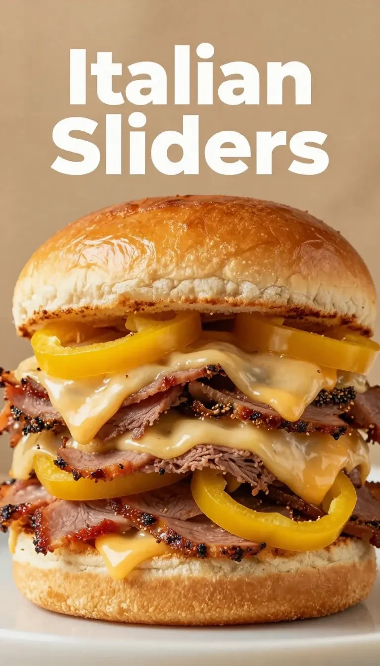 Freshly baked hot Italian sub sliders filled with meats, cheeses, and vegetables on a wooden serving tray.