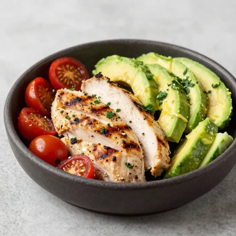 A bowl of healthy avocado chicken salad garnished with fresh herbs.