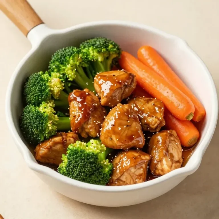 A plate of honey garlic chicken stir fry with colorful vegetables served on a white dish.