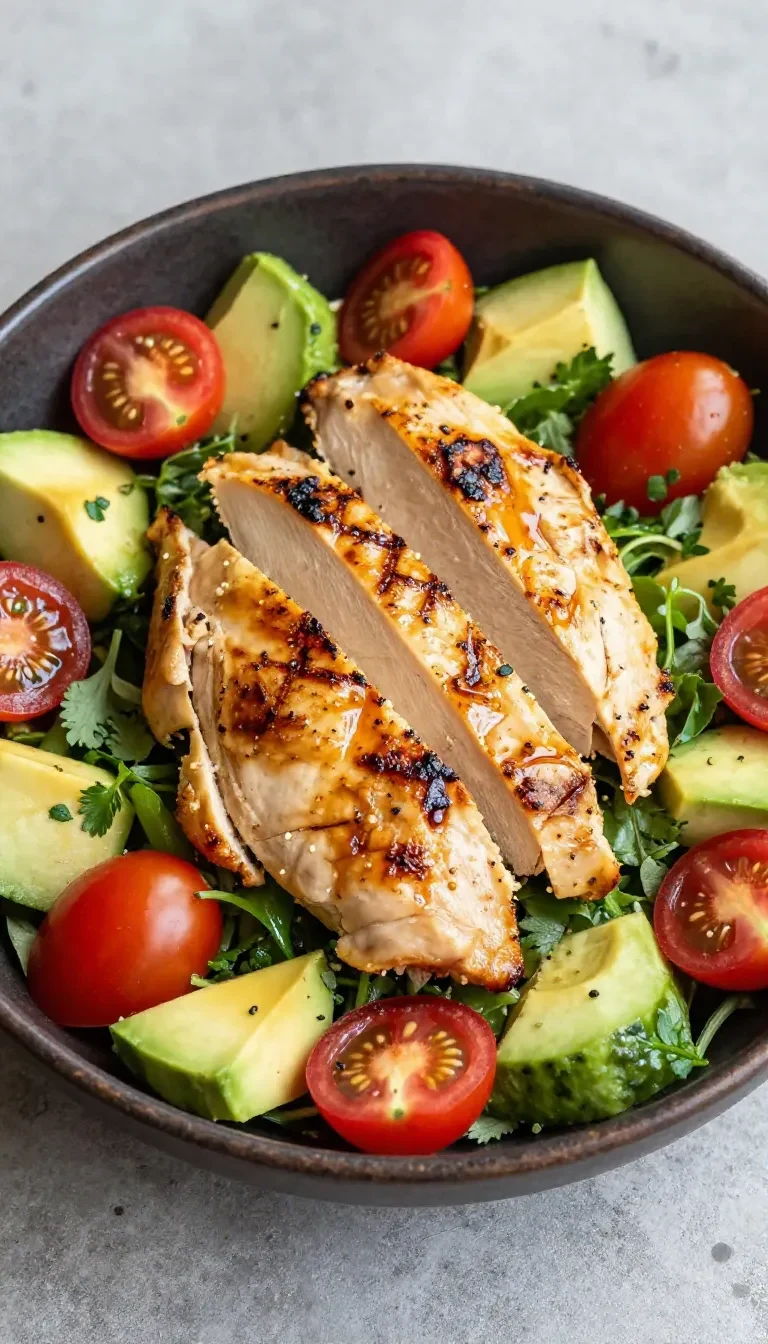 A bowl of healthy avocado chicken salad garnished with fresh herbs.