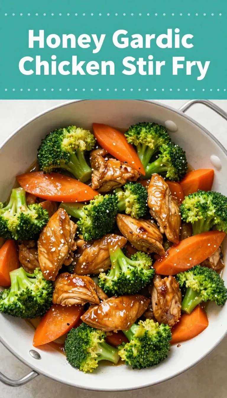 A plate of honey garlic chicken stir fry with colorful vegetables served on a white dish.