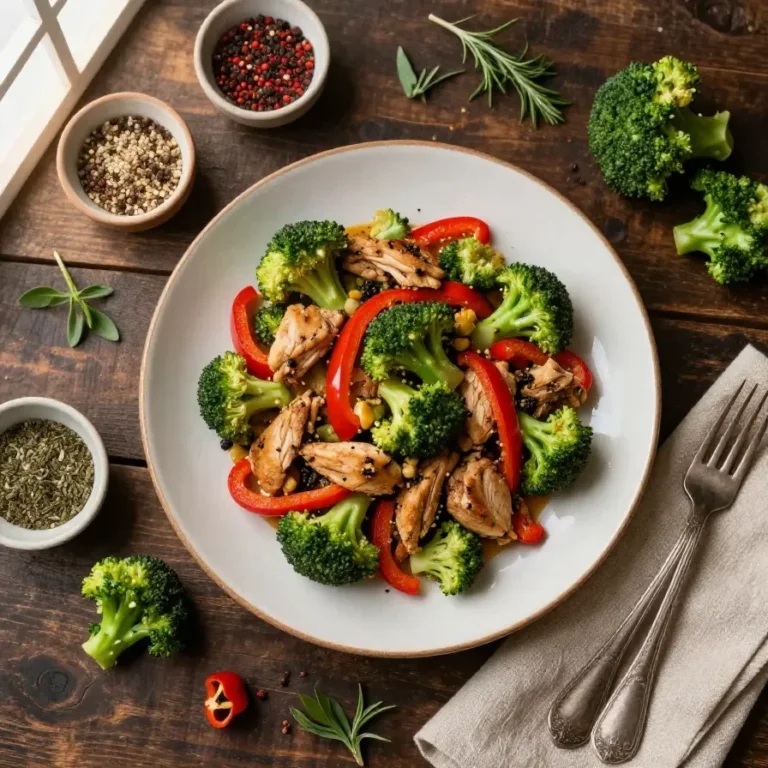 A vibrant chicken stir fry with red peppers and broccoli served in a white bowl.