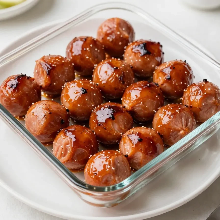 Close-up of BBQ sausage bites served on a wooden platter with dipping sauce.