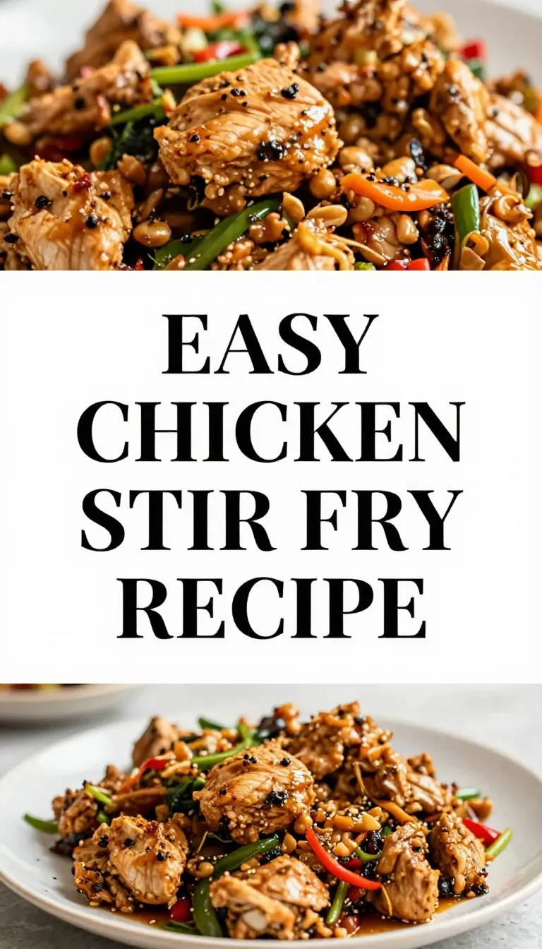 A vibrant chicken stir fry with red peppers and broccoli served in a white bowl.