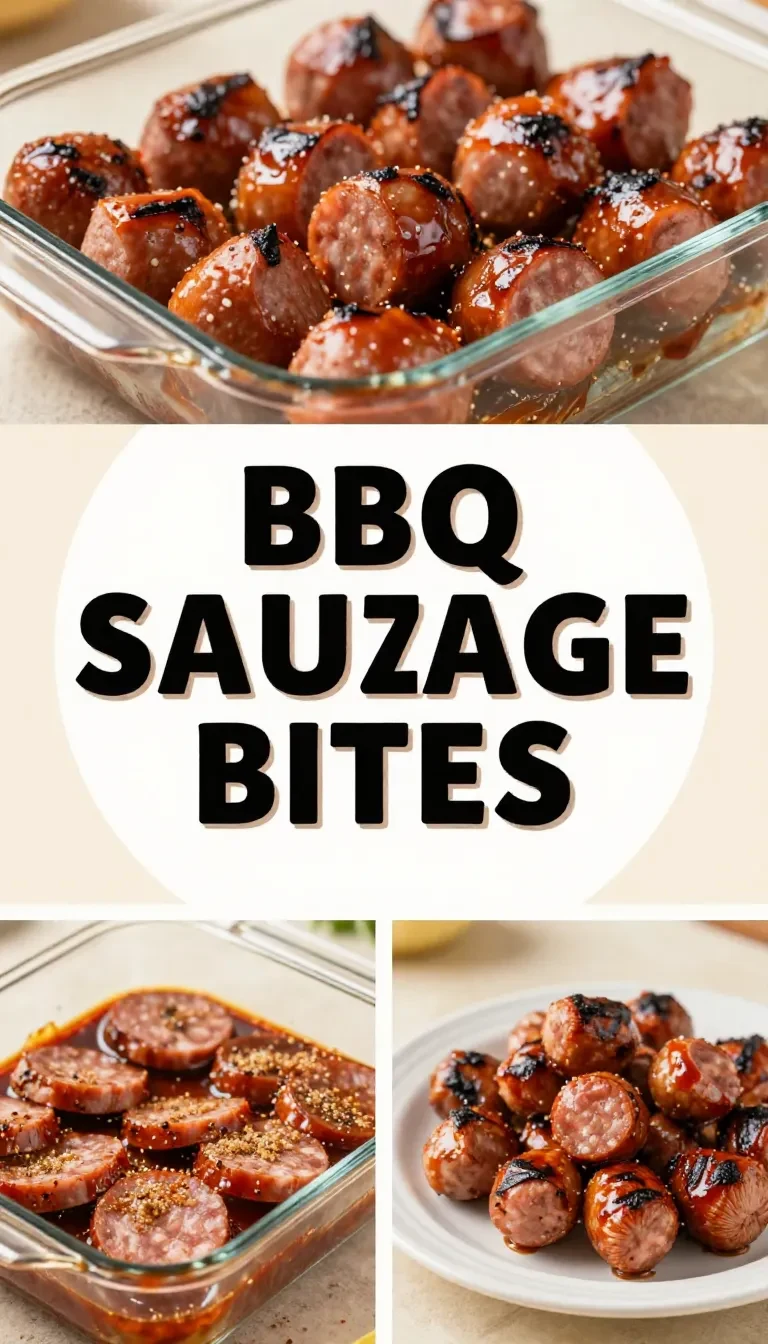 Close-up of BBQ sausage bites served on a wooden platter with dipping sauce.