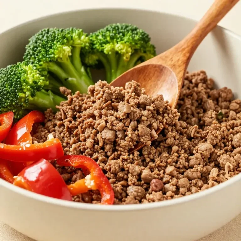 A close-up view of ground beef and broccoli stir fry served in a white bowl.