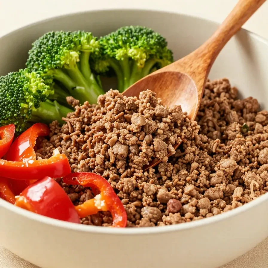 A close-up view of ground beef and broccoli stir fry served in a white bowl.