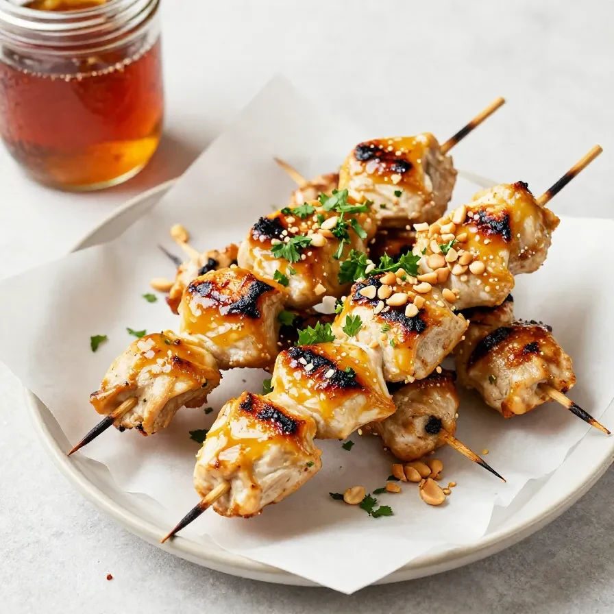 Grilled honey garlic chicken skewers served on a white plate with fresh parsley garnish.