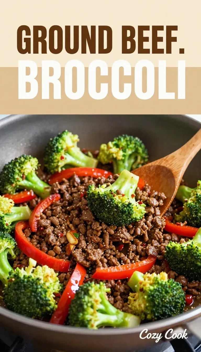 A close-up view of ground beef and broccoli stir fry served in a white bowl.