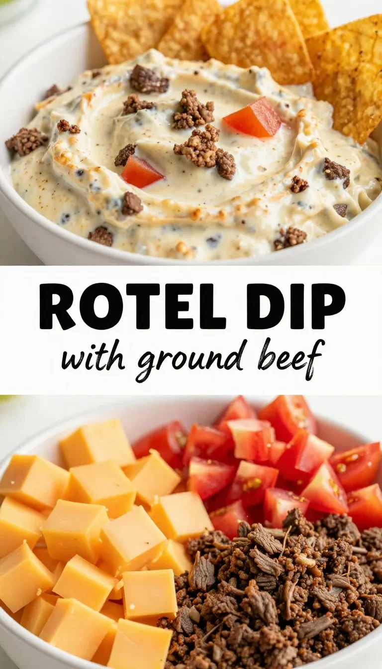 A bowl of creamy Rotel dip with ground beef served with tortilla chips.